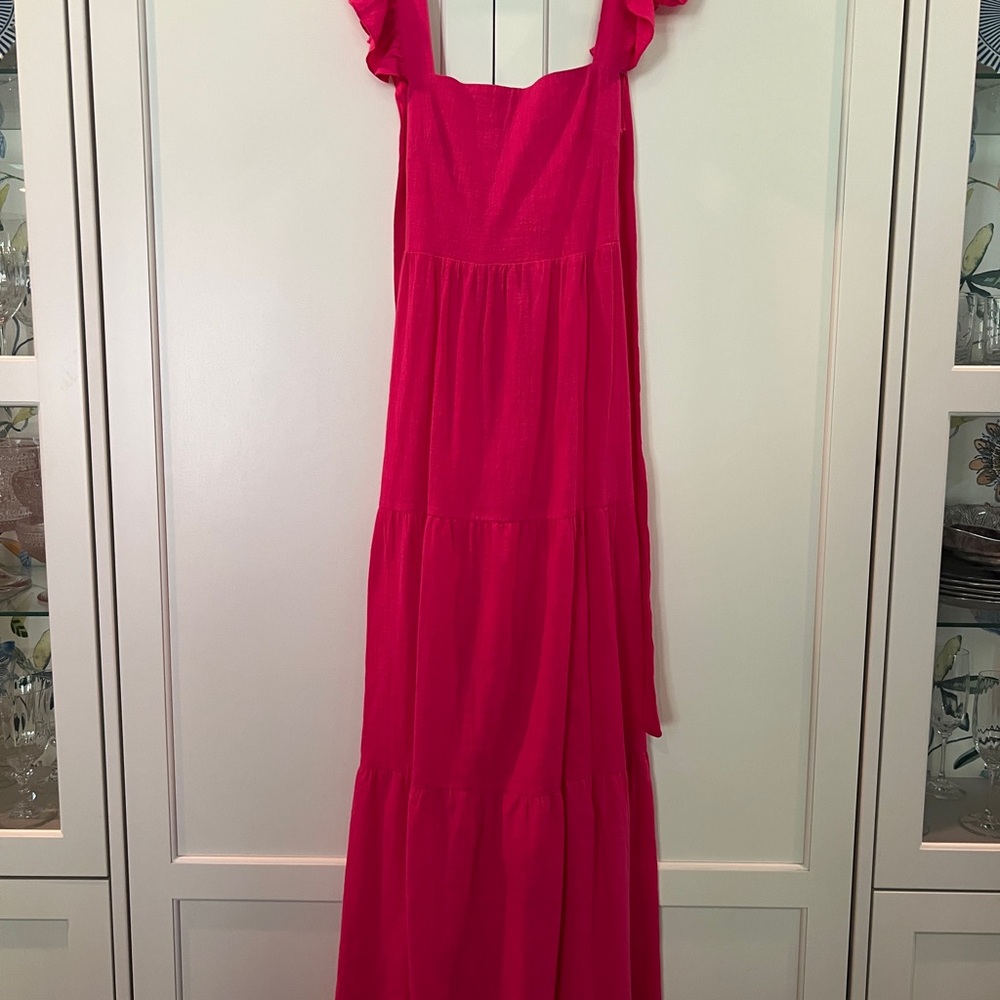 SNDYS. hot pink Maxi Dress with Ruffle Straps, criss cross, open back